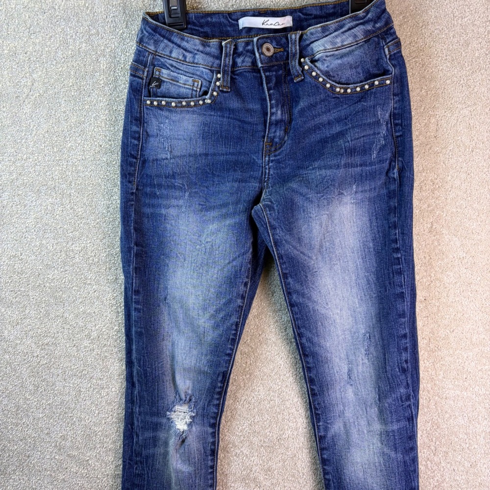 Kancan Jeans Women's 25x30 Mid Rise Distressed Studded Embellished‎ Skinny Jeans